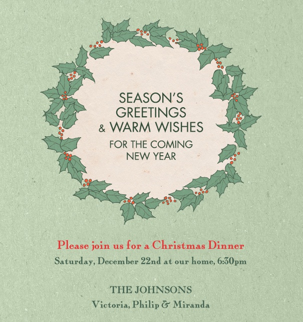 Christmas Themed Card with green wreath designed customizable text.