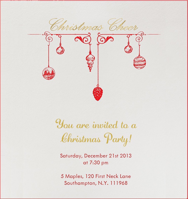 Christmas Invitation with Red Border and Baubles.