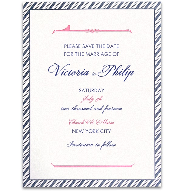 Online Wedding Save the Date design with Blue Striped border.