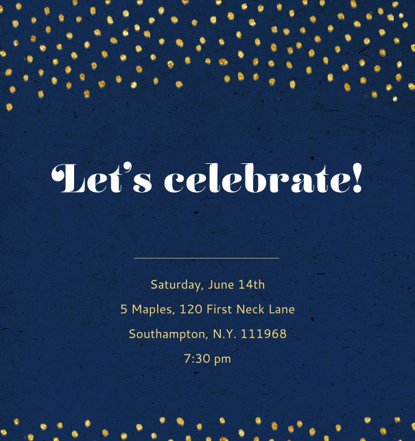 Online Invitation with golden dots, on dark blue card.