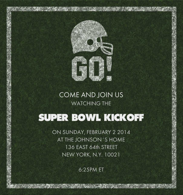 Kick Off - super bowl High Format green football themed invitation design with football helmet on the top and white frame.
