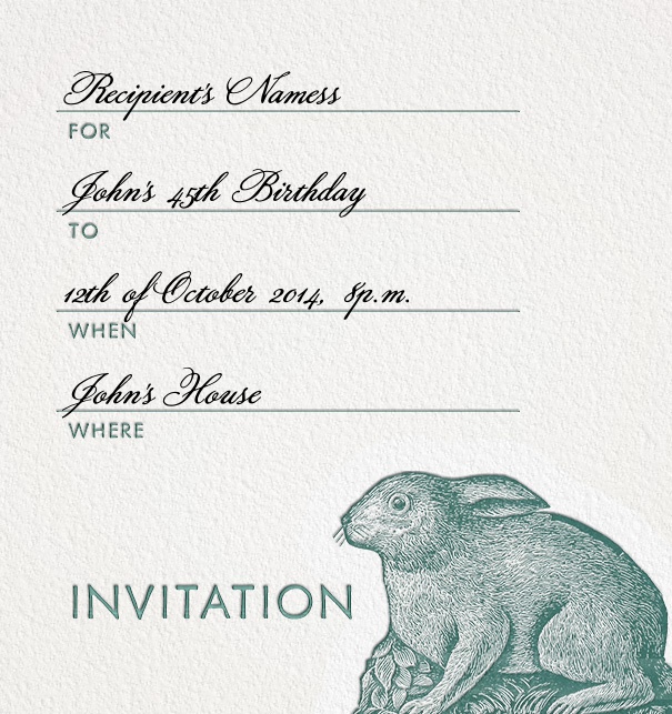 Formal Addressing Invitation online with Rabbit motif and customizable form text.