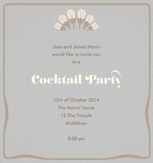 Online Cocktail Invitation with floral header and grey border.