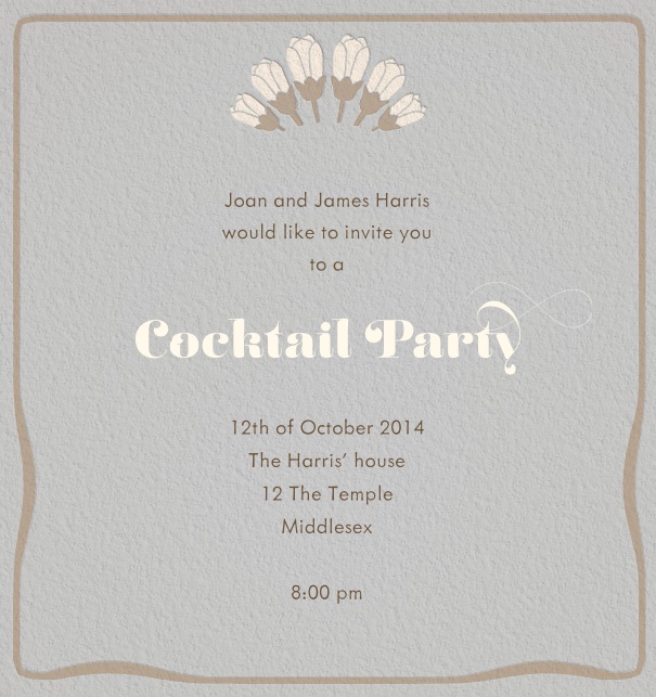 Betty's Big Day - Spring Online Cocktail Invitation with floral header and grey border.