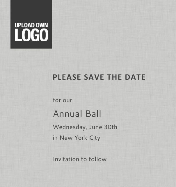 Rectangular online Save the Date template for corporate events and annual ball with grey background, space to upload own logo on top left and event details box.