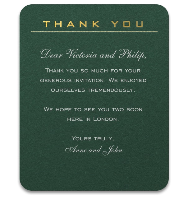 Thank you card online with Green background and Gold Header.