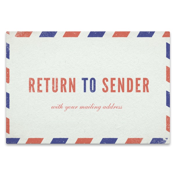 Weiße Save the Date-Karte in klassischem Eil-Brief-Motiv zur Abfrage der Postadresse mit editierbarem Textfeld.