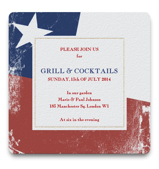 Einladungskarte zum Grillen und Cocktails mit chilenischer Flagge als Hintergrund und weißem Textfeld.
