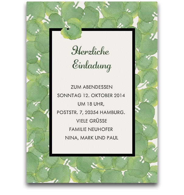 Online Einladungskarte mit grünen Blättern.