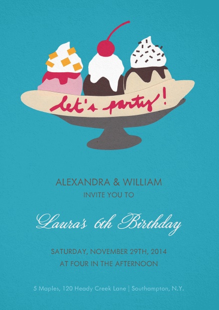 Birthday party invitation card with ice cream sunday.