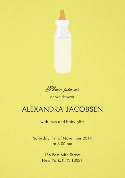 Baby shower card on yellow paper with baby bottle.