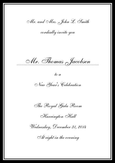 Invitation card with blue border including a dotted line for name of recipient. Black.