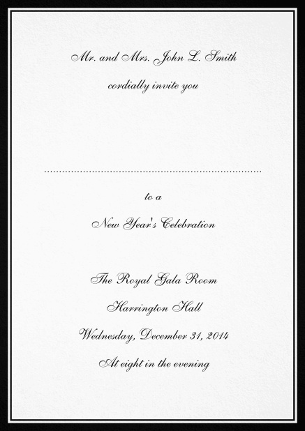 Invitation card with border including a dotted line for name of recipient available in different colors. Black.