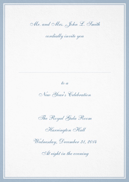 Invitation card with border including a dotted line for name of recipient available in different colors. Blue.