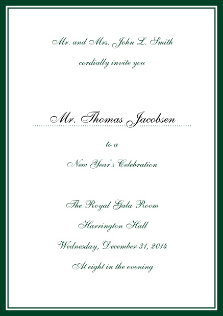 Invitation card with blue border including a dotted line for name of recipient. Green.
