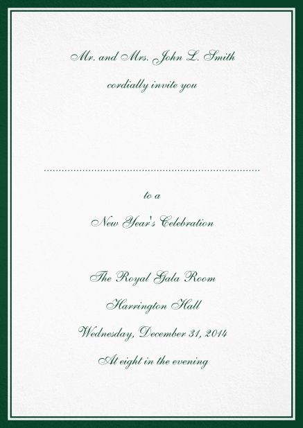 Invitation card with border including a dotted line for name of recipient available in different colors. Green.