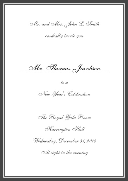 Invitation card with blue border including a dotted line for name of recipient. Grey.