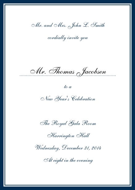 Invitation card with blue border including a dotted line for name of recipient. Navy.