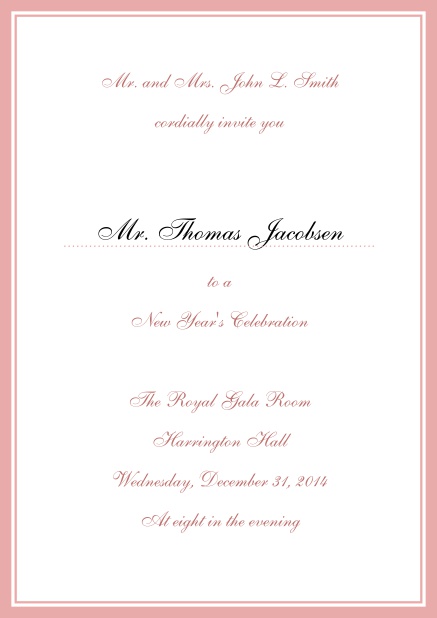 Invitation card with blue border including a dotted line for name of recipient. Pink.