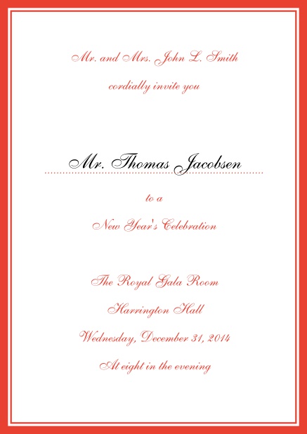 Invitation card with blue border including a dotted line for name of recipient. Red.