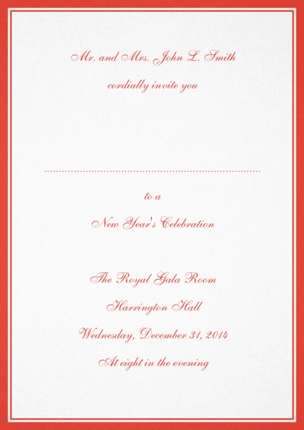 Invitation card with border including a dotted line for name of recipient available in different colors. Red.