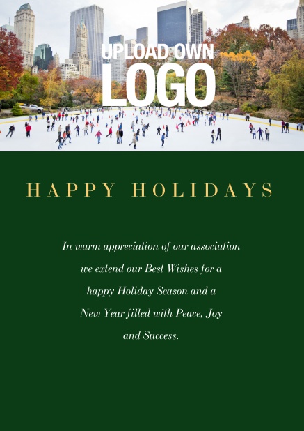 Firmenweihnachtskarte online mit Foto- und optionalen Logofeld und Text. Grün.