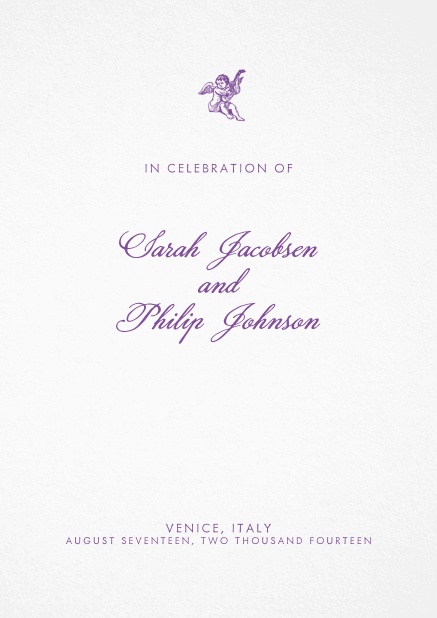 Wedding menu card design with red images and text. Purple.