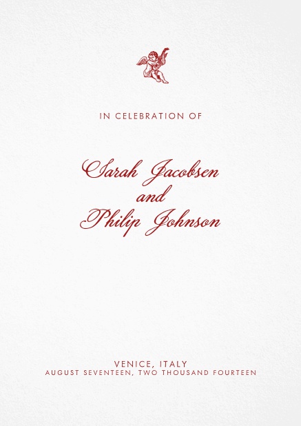 Wedding menu card design with red images and text. Red.