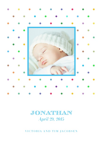 Online Birth announcement with photo box, colorful dots and customizable text.
