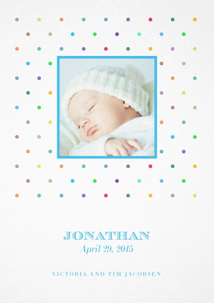 Birth announcement with photo box, colorful dots and customizable text.