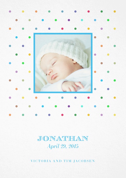 Candy Polka Boy - Birth Announcements Birth announcement with photo box, colorful dots and customizable text.