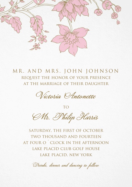 Papier Einladungskarte für Hochzeitseinladungen, Geburtstage etc. mit pinken Blumen.