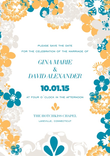Online Hochzeitseinladungskarte mit orange, blau und grauem Blumenrahmen.