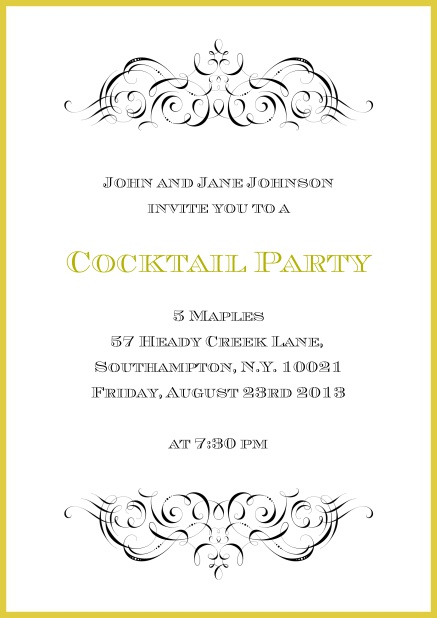 Elegant formal cocktail invitation card with golden frame and decorations, perfect for Online and Paper sendings.
