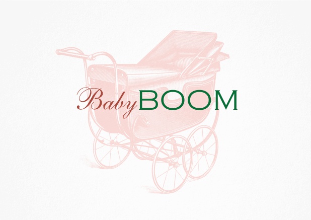 Weiße Karte mit blauem Kinderwagen und dem Worten "Baby Boom". Rosa.