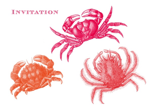 Online White invitation card with three colorful crabs.