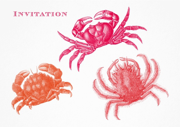 White invitation card with three colorful crabs.