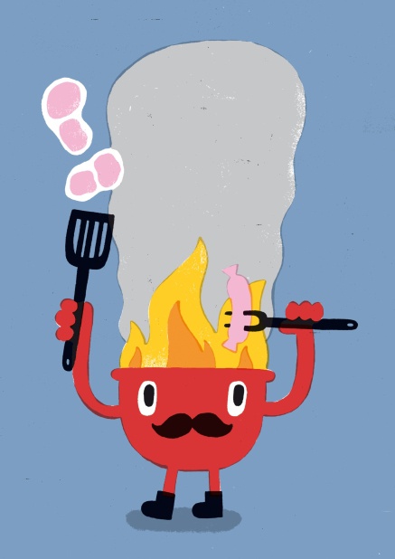 Der Grillmeister Online Karte mit brennendem Grill.