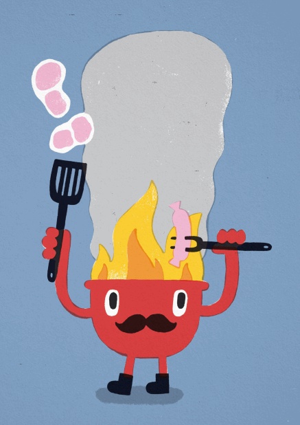 Der Grillmeister Einladungskarte mit brennendem Grill und blauem Hintergrund.