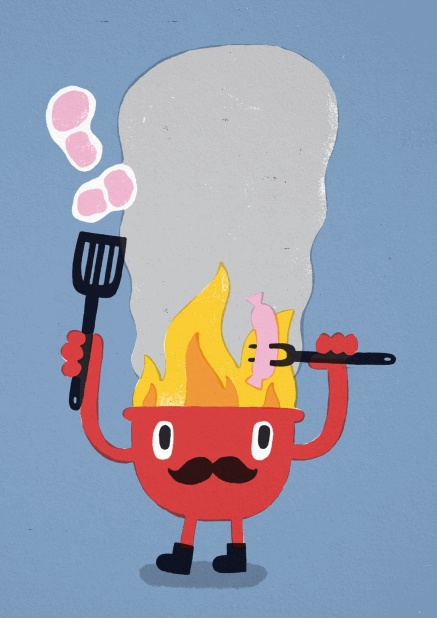 Card with red grill on fire and blue background.