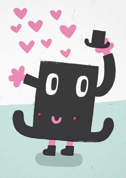 Card with hearts coming out of a black hat.