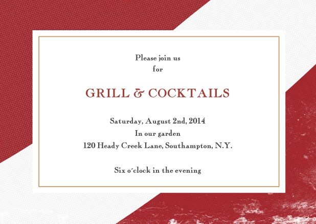 Online invitation card with editable text field and frame in several colors. Red.