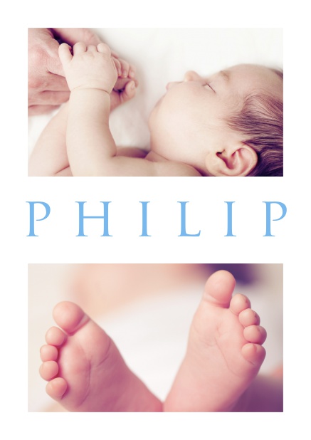 Online Geburtsanzeige mit zwei Fotos und editierbarem Namensfeld, inklusive editierbarem Text für die Anzeige. Blau.