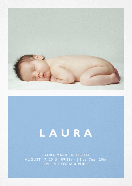 Birth annoucement card with large photo and colorful text feld with editable text in multiple colors. Blue.
