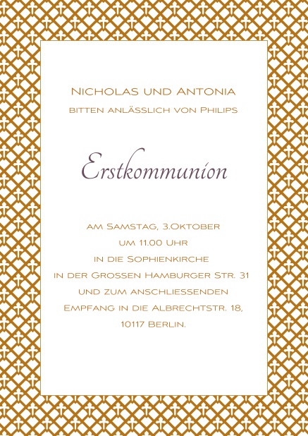 Online Einladungskarte zur Erstkommunion oder Konfirmation mit goldenem Rahmen und editierbarem Text.