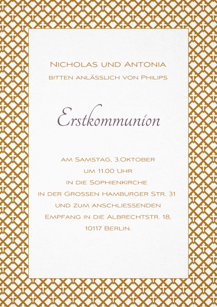 Einladungskarte zur Erstkommunion oder Konfirmation mit goldenem Rahmen und editierbarem Text.