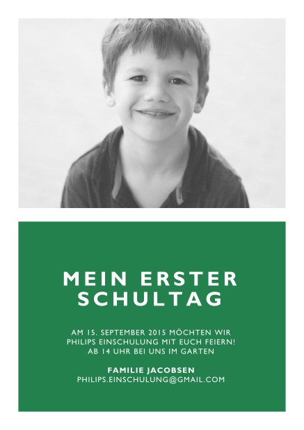 Online Einladung zur Einschulung mit  editierbarem Text auf farbigem Hintergrund. Grün.
