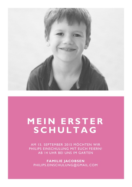 Online Einladung zur Einschulung mit  editierbarem Text auf farbigem Hintergrund. Rosa.