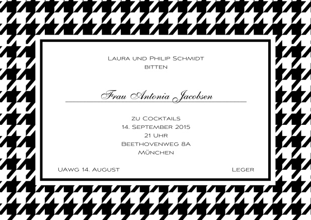 Klassische online Einladungskarte mit grobem Flaggenrahmen und mehreren Farben und editierbarem Text inklusive Linie für den Empfängernamen. Schwarz.