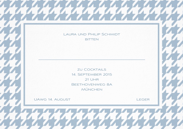 Klassische Einladungskarte mit grobem Flaggenrahmen und mehreren Farben und editierbarem Text inklusive Linie für den Empfängernamen. Blau.
